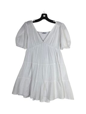 Hunter & Brown Gauzy White Textured V-Neck Puff Sleeve Tiered Mini Dress